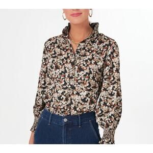Tuckernuck Woodrose Teagan Popover Blouse Floral Long Sleeve Brown Black Size XS